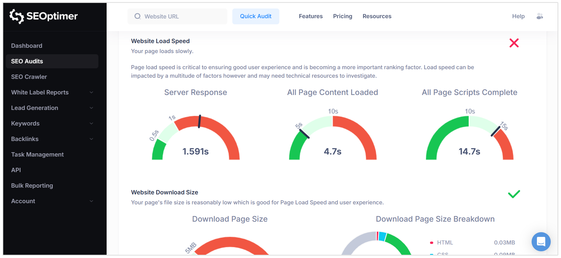 SEOptimer technical SEO checks